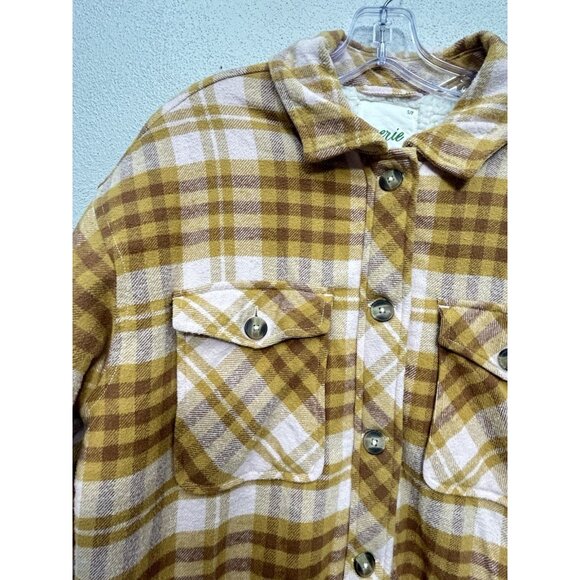 Aerie Womens Shacket Shirt Jacket Small Yellow Pink Plaid Flannel Sherpa Lined - Picture 5 of 11